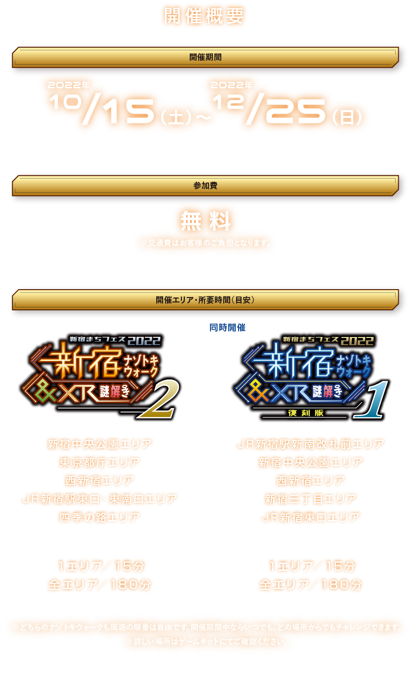 開催概要
開催期間：2022年10月15日(土)～12月25日(日)
参加費：無料
開催エリア：新宿駅周辺の全5スポット
所要時間：1エリア15分　全エリア180分