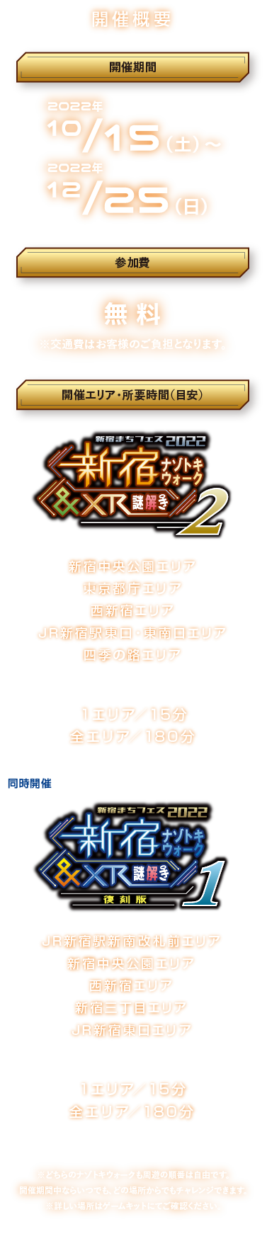 開催概要
開催期間：2022年10月15日(土)～12月25日(日)
参加費：無料
開催エリア：新宿駅周辺の全5スポット
所要時間：1エリア15分　全エリア180分